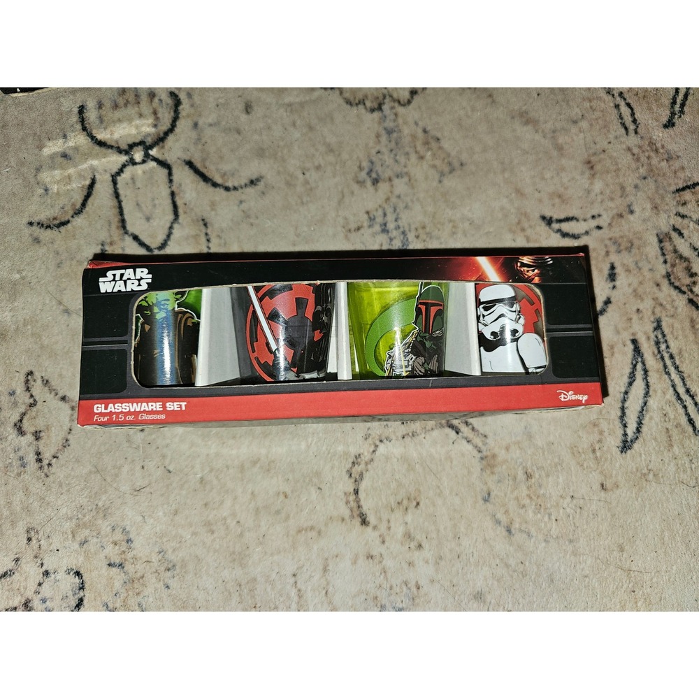 Star Wars Glassware Set 4 Pack 1.5 oz Glasses Yoda Boba Fett Stormtrooper New